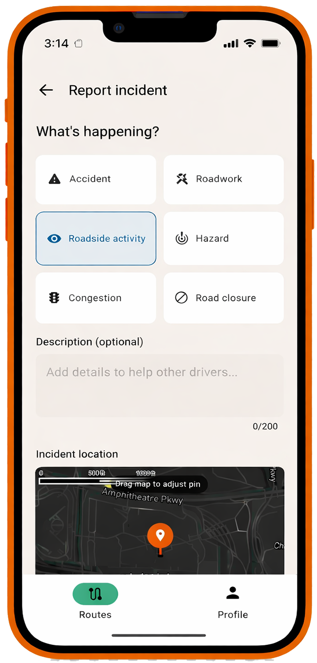 Rada app — saved route showing active incident alerts including hazard, road closure and accident reports
